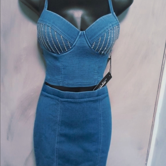 Haute Monde Other - Haute Monde Denim Rhinestone Crop Top & Skirt